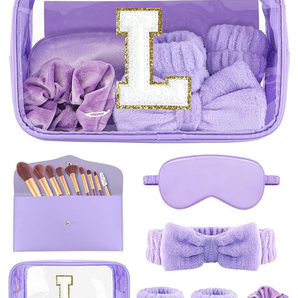 Gift Sets for Women, Initial Makeup Bag with Makeup Brush Set Bachelorette Party Favors, Purple Spa Kit with Skincare Headbands Wrist Bands Sleepover Party Supplies Gifts for Teen Girls Bridesmaid L