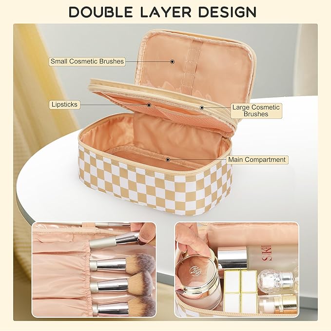 Relavel Travel Makeup Bag with Brush Holder, Dual-Layer Small Cosmetic Organizer, Portable Toiletry Bag for Accessories Storage, Cute Make Up Bag for Gift, Trip, Camp, Daily Use - Plaid