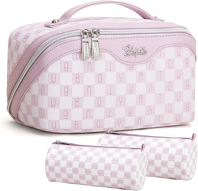 BOYATU Travel Makeup Bag Cosmetic Bags for Women: 3 Pcs Set Portable Make up Bag with Handle - Vegan Leather Toiletry Bags with Compartments - Makeup Organizer for Travel Essentials(02-Purple)