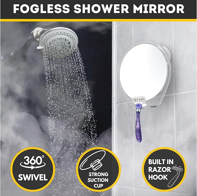HONEYBULL Fogless Shower Mirror with Suction Mount & Swivel – Anti-Fog Acrylic Bathroom Mirror for Shaving – Built-in Razor Holder, Easy Install, Home Shower Accessory (Extra-Large)