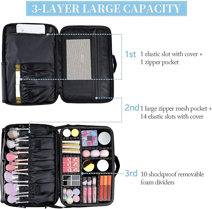 JOURMON Travel Makeup Case 3 Layers Makeup Train Case Portable Makeup Bag Organizer Portable Artist Storage Bag with Adjustable Dividers and Shoulder Strap（Black, M）