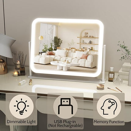 ROLOVE Lighted Makeup Mirror, 17"x13" Vanity Mirror with Lights, 10X Magnification, Gifts for Women, 3 Color Lighting Modes, Smart Touch Control, 360° Rotation for Bedroom or Tabletop (White)