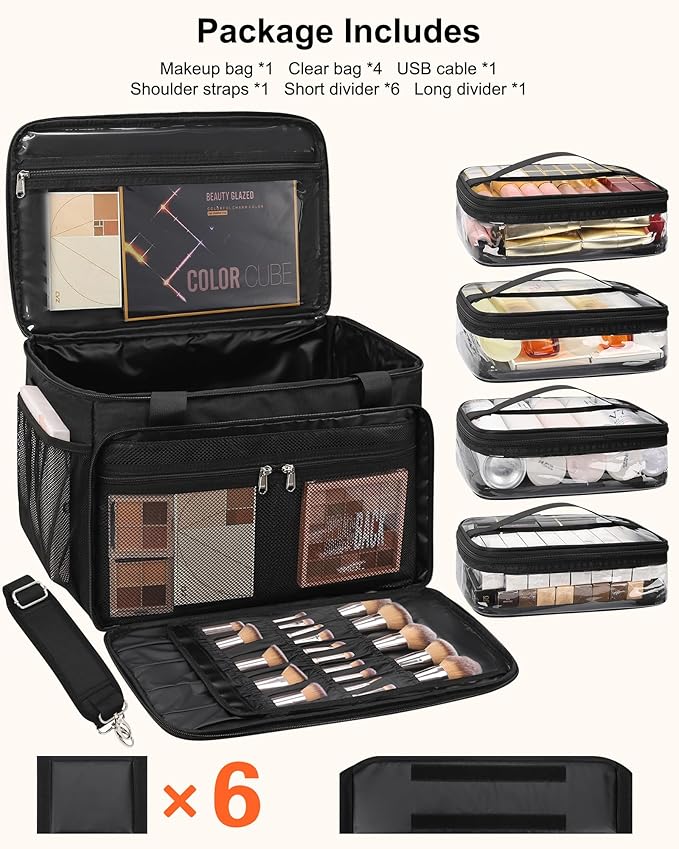 Extra Large Makeup Bag Travel Makeup Case Professional Makeup Artist Bag with 4 Clear Pouches Hairstylist Cosmetic Bag with Detachable Dividers and Shoulder Straps