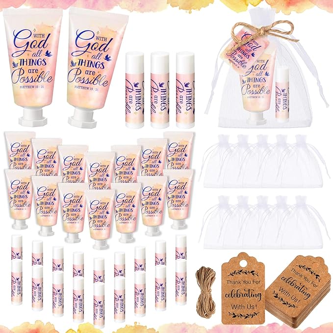 24 Sets Christian Hand Cream and Lip Balm Gift Set Christmas Christian Gift for Women Travel Size Hand Lotion Bible Verse Lip Balm Bulk for Baby Bridal Shower Mom Holiday Gift (Lovely)