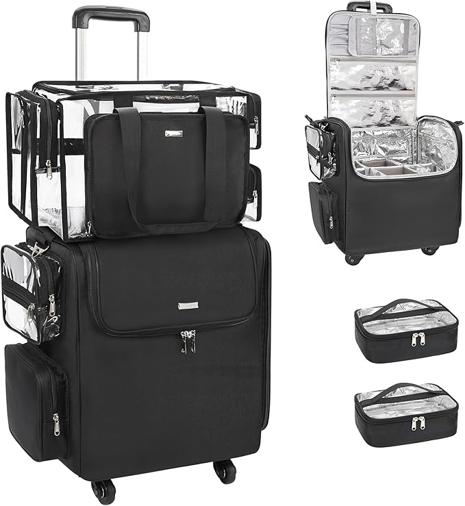 Relavel Rolling Makeup Train Case with Large Clear Makeup Bag, Hairstylist Traveling Bag with 4 Wheels, Cosmetic Storage Organizer Hair Stylist Travelling Bag with Adjustable Dividers & Shoulder Strap