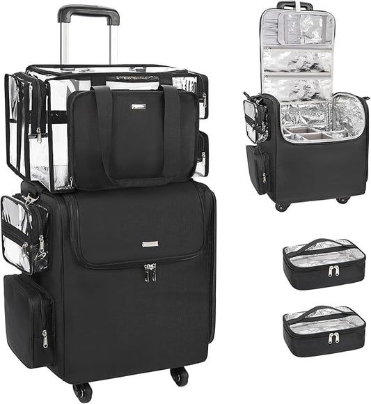 Relavel Rolling Makeup Train Case with Large Clear Makeup Bag, Hairstylist Traveling Bag with 4 Wheels, Cosmetic Storage Organizer Hair Stylist Travelling Bag with Adjustable Dividers & Shoulder Strap
