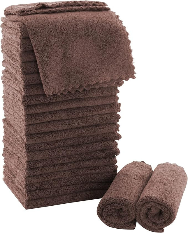 MOONQUEEN Ultra Soft Premium Washcloths Set - 12 x 12 inches - 24 Pack - Quick Drying - Highly Absorbent Coral Velvet Bathroom Wash Clothes - Use as Bath, Spa, Facial, Fingertip Towel (Wood Brown)
