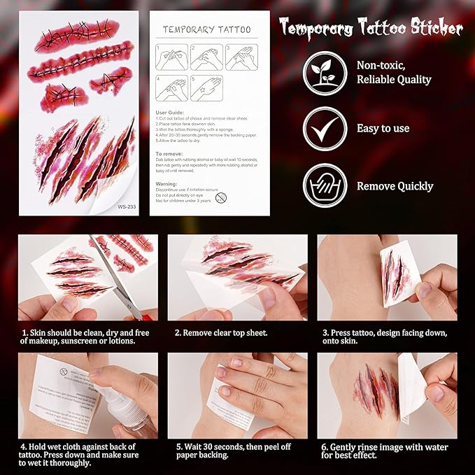 NiHome 40 Sheets Halloween Removable Realistic Fake Temporary Tattoo Set, Zombie Costume Cosplay Variety Party Makeup Face Decals Prank Supplies