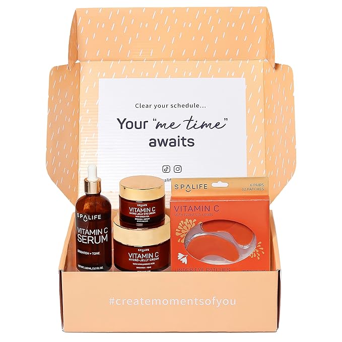 SpaLife Complete Vitamin C Skin Care Variety Bundle - Nourishing Under Eye Patches, Revitalizing Face & Eye Cream, and Potent Facial Serum for Youthful Radiance - Skincare Gift Set for Dry Skin