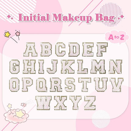 Small Personalized Initial A-Z Patch Makeup Bag,Pink Cute PU Leather Glitter Letter Cosmetic Bag for Teen Girls,Travel Toiletry Bag with Zipper,Preppy Monogrammed Birthday Gift for Daughter Niece A