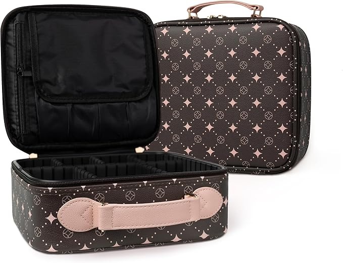 Travel Makeup Bag,Waterproof Cosmetic Organizer, Adjustable Dividers,Portability Cosmetic Train Case,Makeup organizer,Gift for Women,Girls Gift (Coffee+Pink)