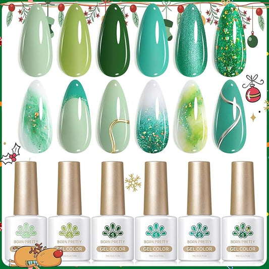 Born Pretty Green Gel Nail Polish, Christmas Carnival Evergreen Gel Nail Polish Set, Glitter Green Sparkle Gel Polish Nail Art Varnish Manicure Collection St. Patrick's Day 6PCS