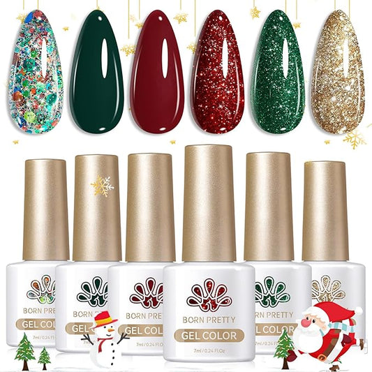 Born Pretty Gel Nail Polish Set 6 Colors,Spring Summer Green Red Gold Glitter Colos Gel Polish Kit Nail Art Manicure Design DIY Home Salon Collection Gift
