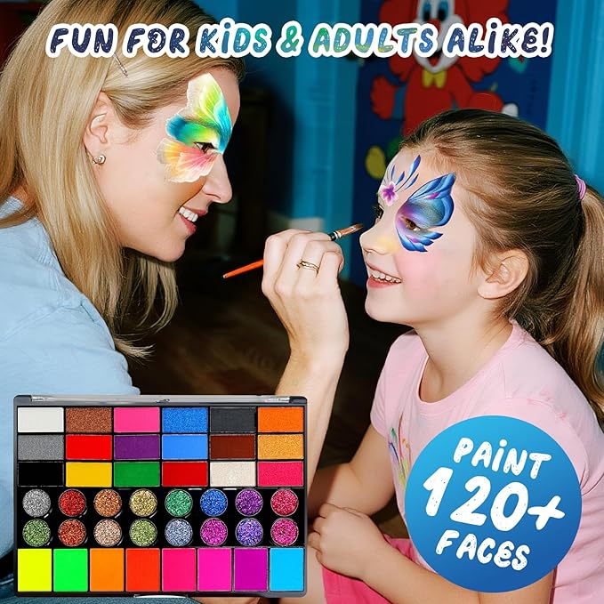 Face Painting Kit for Kids - 42 Colors Professional Face Paint Kit,Non-Toxic face Paint With Stencils, Brush, Gems. For Carnival, Halloween, Costume Makeup and Any Creative Activity with Kids