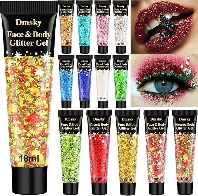 14 Colors Body Glitter,Face Glitter Makeup for Kids Women,Sparkly Chunky Hair Glitter for Eye Lip Nails,Mardi Gras Glitter Makeup Face Paint,Singer Concerts Disco Rave Festival Accessories-Christmas