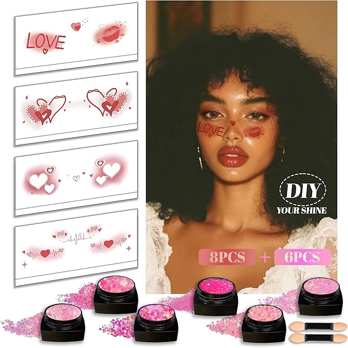 LALACE Face Glitter, Pink Body Glitter Gel - Long-Lasting Holographic Glitter for Hair, Face, Body, Shimmer Eyeshadow, 8PCS DIY Heart Love Temporary Tattoos, Valentine's Day Gifts for Girlfriend