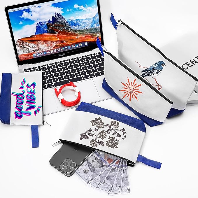 10 Pieces Cotton Canvas Makeup Bag with Bottom and Strap, Multi-Purpose Cosmetic Bag with Zipper Travel Toiletry Pouch, Blank DIY Craft Bag (White&Blue, XS)