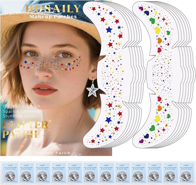 12pcs Rich Rainbow Color Glitter Freckles Face Tattoo, Waterproof Long Lasting Multicolor Speckles Patches for Women Kids, Cute Heart&Star Temporary Tattoo Makeup Rave Accessories for Festival