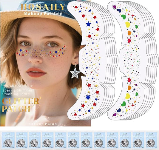 12pcs Rich Rainbow Color Glitter Freckles Face Tattoo, Waterproof Long Lasting Multicolor Speckles Patches for Women Kids, Cute Heart&Star Temporary Tattoo Makeup Rave Accessories for Festival