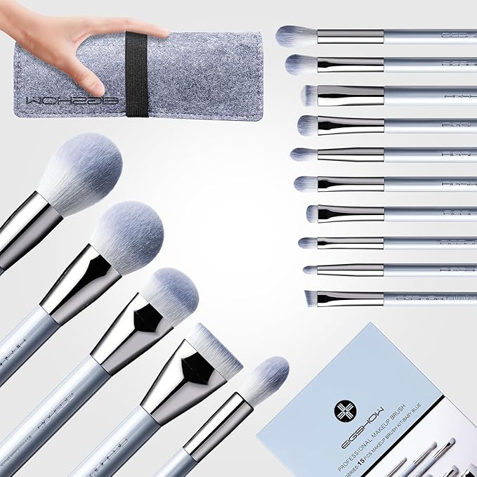 Makeup Brushes, EIGSHOW 15pcs Professional Makeup Brush Set With Case, Premium Synthetic for Foundation Contour Concealers Blush Eye Shadow (BABYBLUE)