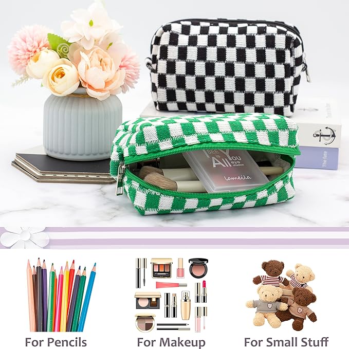 PAZIMIIK Checkered Makeup Bag for Purse Portable Zipper Make Up Pouch Small Cosmetic Case for Travel Accessories (Green)
