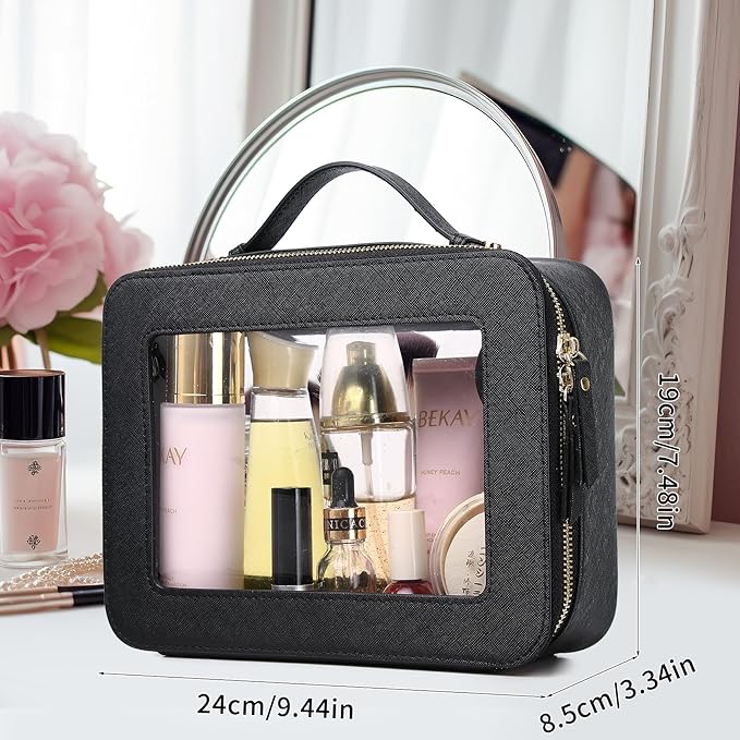 Pinkmik Clear Makeup Bag for Women Waterproof Travel Cosmetics and Toiletries Case Portable Makeup Oaganizer Bag Clear Car Bag with Zipper (Black, L)
