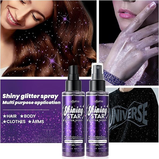 Body Glitter Spray, Glitter Hairspray, Purple Body Glitter Spray, Quick-Drying and Waterproof Glitter Hairspray, Nozzles are not Easily clogged, Long-Lasting Body Shiny for Stage Makeup, 3.38Oz