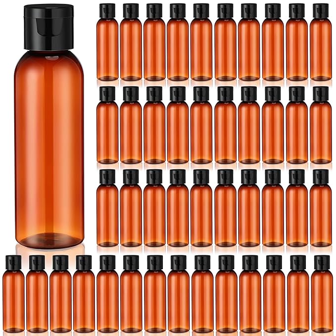 Zhehao 200 Pcs 2 oz Brown Plastic Empty Bottles Small Travel Size Bottles with Flip Cap Empty Transparent Dispenser Container for Liquids Toiletries Shampoo Lotion (Black Cap)