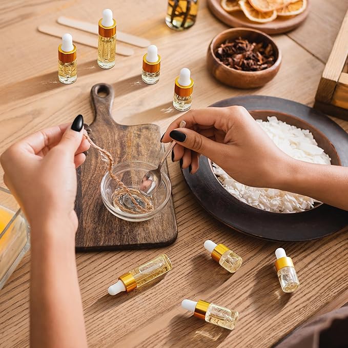 100 Pcs Mini Glass Oil Dropper Bottle Bulk, Clear Essential Small Empty Bottles Sample Containers Perfume Liquid Vials with Cap for Traveling (1ml,2ml,3ml,5ml,Gold)