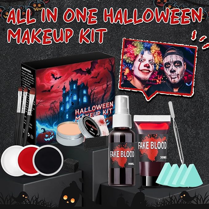 Special Effects Makeup Kit,Sfx Make up with Scar Wax,Fake Blood Spray & Gel,Clown Makeup Kit,Body Paints for Adults,All in One Halloween Make up for Zombie Cosplay Make up