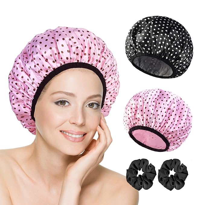 2-Pack Reusable Waterproof Shower Caps for Women, Double-Layer Elastic Bath hat,Extra Large Hair Cap for Long Curly Hair（Black, Pink）