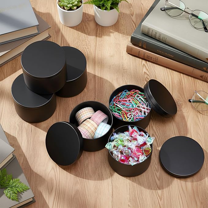 Therwen 48 Pcs Aluminum Tin Jars Containers Metal Leak Proof Cosmetic Tin Jars Containers Round Screw Lids Lip Balm Can Empty Refillable Cosmetic DIY Storage (2.3 x 3.1 Inch,Black)