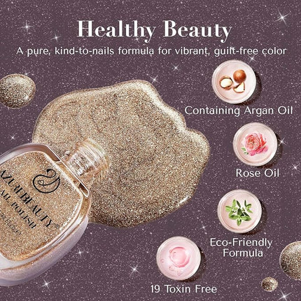 AZUREBEAUTY Matte Glitter Nail Polish Set 4 Colors Diamond Platinum Silver Purple Black Nude Nail Polish Quick Dry Natural Nail Kit with Top Coat DIY Salon Home