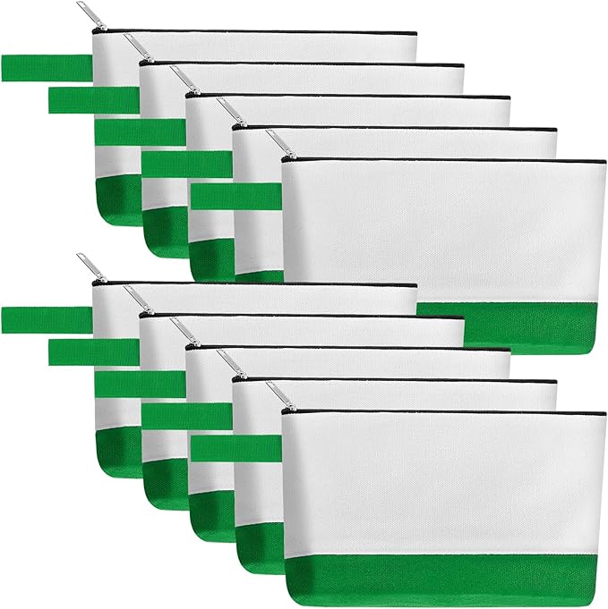 10 Pieces Cotton Canvas Makeup Bag with Bottom and Strap, Multi-Purpose Cosmetic Bag with Zipper Travel Toiletry Pouch, Blank DIY Craft Bag (White&Green, M)