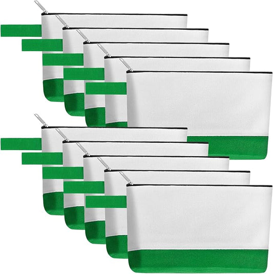 10 Pieces Cotton Canvas Makeup Bag with Bottom and Strap, Multi-Purpose Cosmetic Bag with Zipper Travel Toiletry Pouch, Blank DIY Craft Bag (White&Green, M)