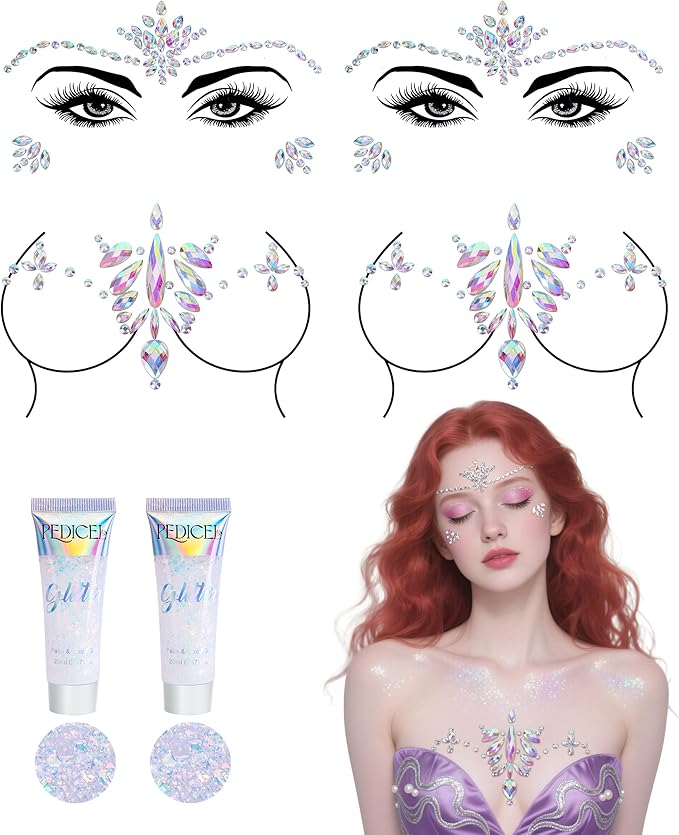 Wehhbtye 6 Pcs Mermaid Glitter Face and Chest Gems, Rhinestone Chest Jewels Face Sticker with Body Glitter, Festival Rave Body Crystal Tattoo for Halloween Costume Themd Party Makeup