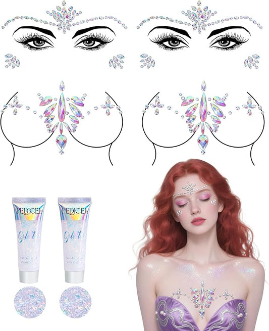 Wehhbtye 6 Pcs Mermaid Glitter Face and Chest Gems, Rhinestone Chest Jewels Face Sticker with Body Glitter, Festival Rave Body Crystal Tattoo for Halloween Costume Themd Party Makeup