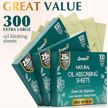 Natural Green Tea Oil Blotting Sheets for Face - 25% Larger - 3pk/300 Makeup Friendly Blotting Papers for Face - Easy Dispensing Oil Absorbing Sheets