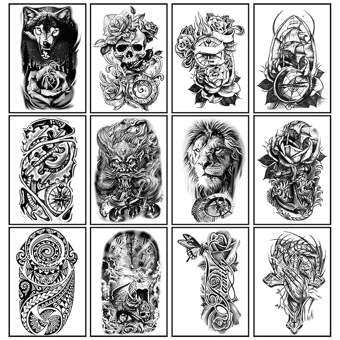 Yazhiji 36 Sheets Temporary Tattoos Stickers, 12 Sheets Fake Body Arm Chest Shoulder Tattoos for Men or Women with 24 Sheets Tiny Black Tattoos