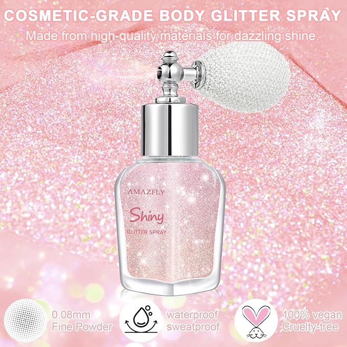Hair and Body Glitter Spray, Shimmering Powder Sparkle Powder Makeup, Glitter Loose Sparkle Makeup for Body Highlighter,Festival Prom Rave Accessories (Pink)