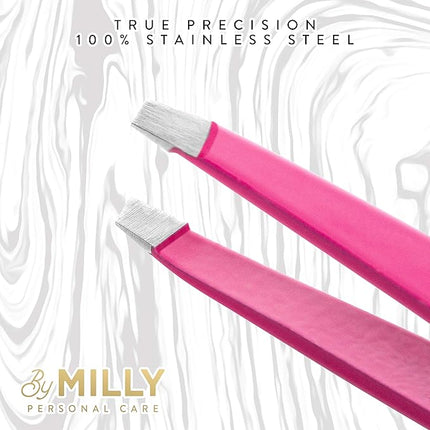 Professional Slanted Tweezers for Women and Men | High Carbon Stainless Steel Sharp Tweezer | Tweezers for Women Facial Hair Plucking, Hand-Filed & Aligned Precision Slant Tips - Pink