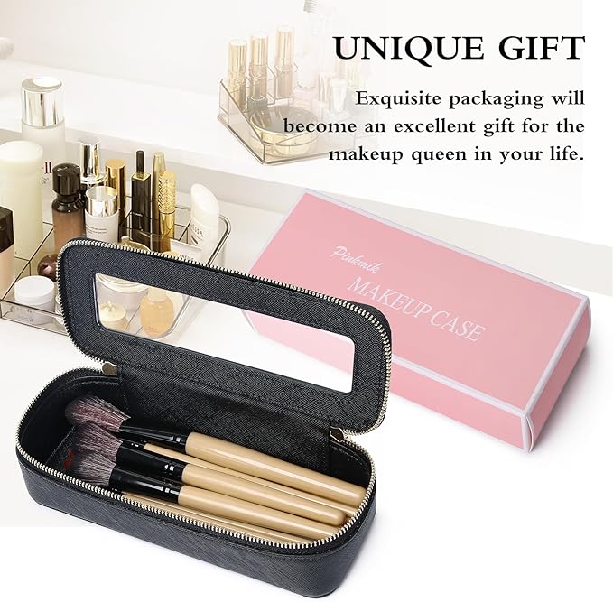 Pinkmik Makeup Brush Case Clear Travel Cosmetic & Toiletry Bag Small Makeup Bag with Zipper Purse Organizer Car Essential Bag for Women (Black, SLIM)