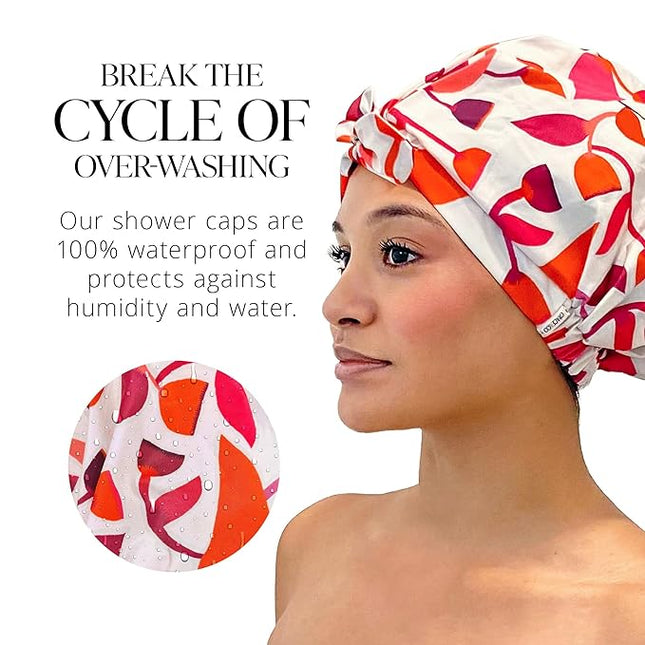 GRACE & COMPANY Luxury Shower Cap For Women - 100% Waterproof, Reusable, Washable & Breathable Shower Caps - Cara Cara