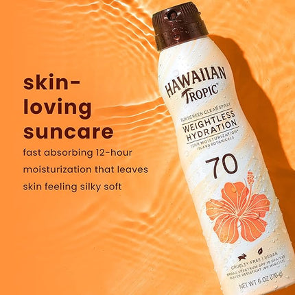 Hawaiian Tropic Sunscreen Spray SPF 70 | Weightless Hydration | Clear Spray | Oxybenzone Free | 6oz