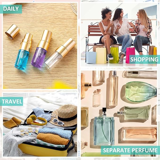 Zhehao 50 Pcs Mini Spray Bottles 2 ml Clear Glass Perfume Bottles Refillable Fine Mist Perfume Atomizer Portable Empty Sample Containers for Cleaning, Essential Oils, Travel (Gold Cap)