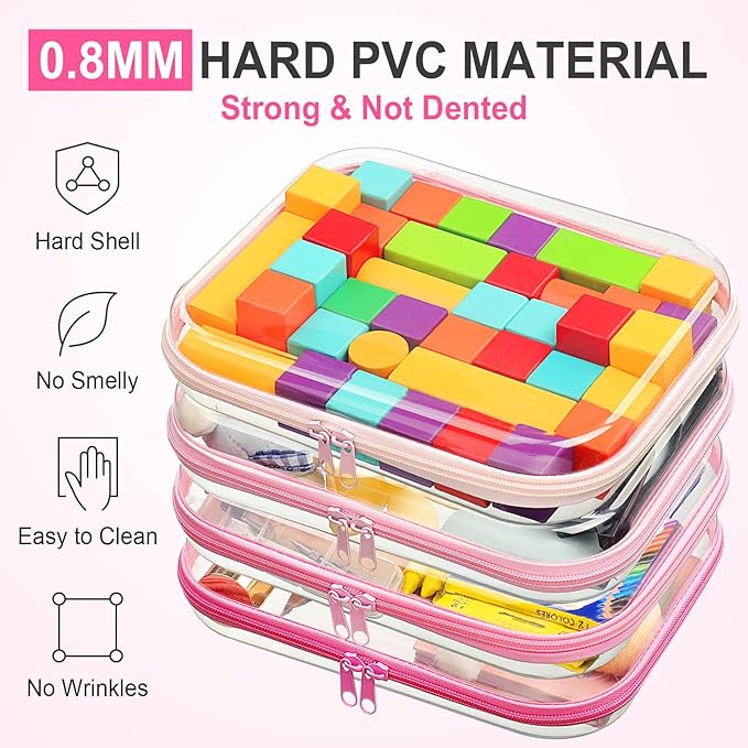 Hoolerry 4 Pcs Hard Clear Zipper Case Makeup Bags Plastic Pencil Pouch Transparent Storage Box Containers for Cosmetics, Snacks, Building Blocks, Puzzles(Pink,9.8 x 7.9 x 2 in)