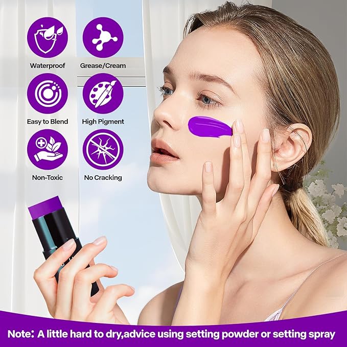 Go Ho Cream-Blendable Purple Face Paint Stick,Full-coverage Purple Body Paint for Adults Children Halloween Cosplay SFX Witch Devil Makeup,Waterproof Purple Eye Black Stick