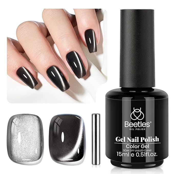 Beetles Black Cat Eye Gel Polish, 15ML Black Glass Cat Eye Glitter Gel Polish with Magnet Shimmer Translucent Sheer Color Soak Off UV Midnight Sands Series French Nail Art Dsign Gift for Women