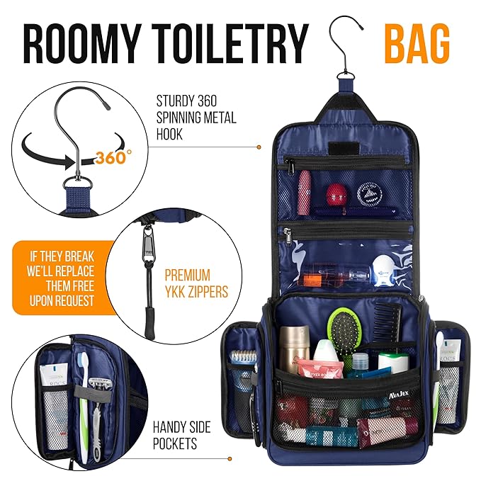 Travel Toiletry Bag for Men and Women - (10.6”x10.6”x3.2”) Large Hanging Toiletry Organizer - Waterproof Hygiene Bag with Metal XXL Swivel Hook, with Sturdy Zippers and 19 Compartments for Toiletries