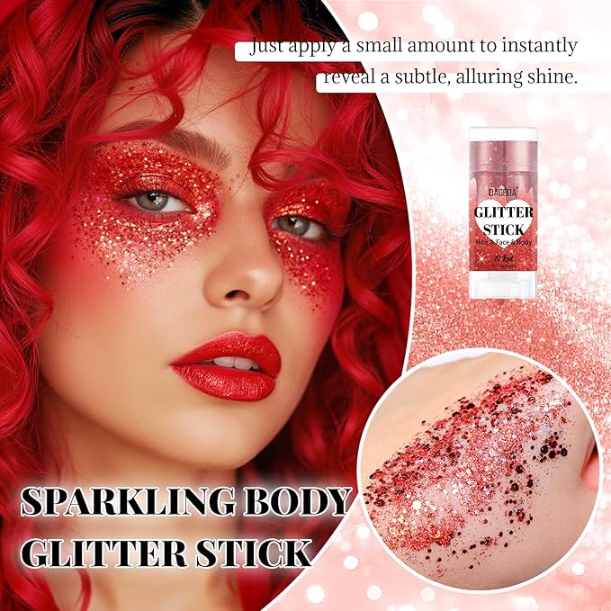 DAGEDA Red Body Glitter Stick,Sparkly Face Glitter Makeup,Holographic Hair Glitters Mermaid Makeup Rave Outfits for Women, Shimmer Face Paint Stick Singer Concert Accessories